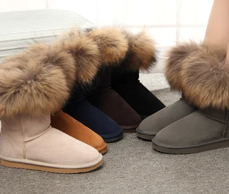Classic Women's Sheepskin Snow Boots with Fox Fur Trim