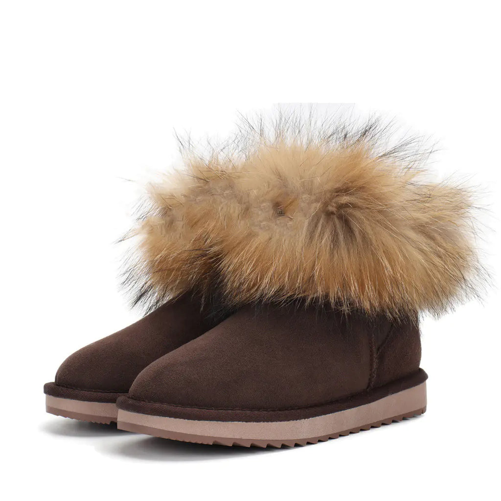 Classic Women's Sheepskin Snow Boots with Fox Fur Trim