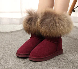 Classic Women's Sheepskin Snow Boots with Fox Fur Trim